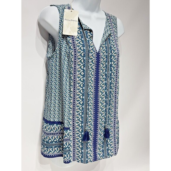 NWT Tommy Bahama Oversize Rayon Blue Green Geometric Tassel Blouse Women Size XS - Picture 6 of 13